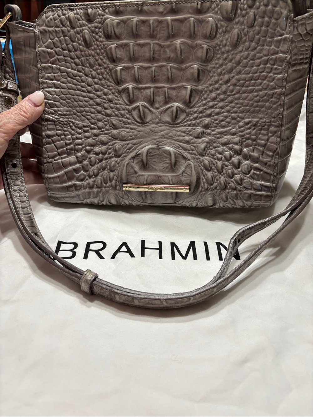 Brahmin Grey Croc-Embossed Leather Crossbody
